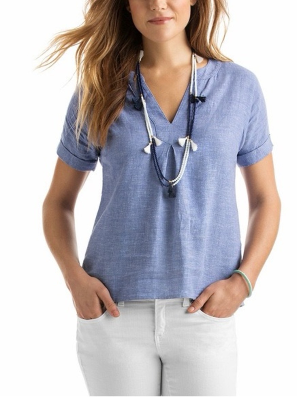 VINEYARD VINES V-Neck Short Sleeve Top in Light Blue - Linen